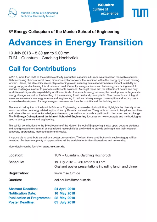Call for Contributions, 8th Energy Colloquium of the Munich School of Engineering