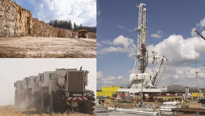o.l.: Steinbruch; u.l.: Vibro-Trucks zur Seismik-Messung; r.: Bohrturm. (Quelle: Modulhandbuch GeoThermie/GeoEnergie, Friedrich-Alexander-Universität Erlangen-Nürnberg)