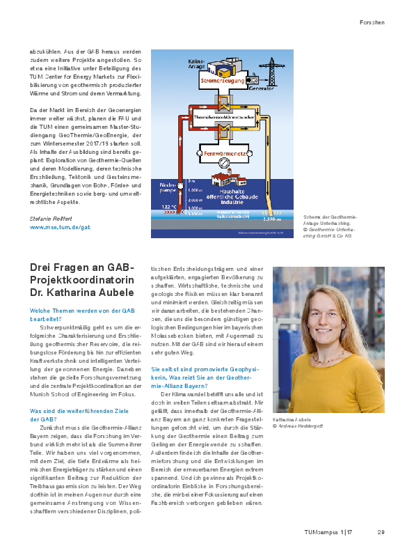 TUMcampus, Ausgabe 1 | 2017, S. 29, Artikel "Geothermie-Allianz Bayern: Energie aus dem Erdinneren"