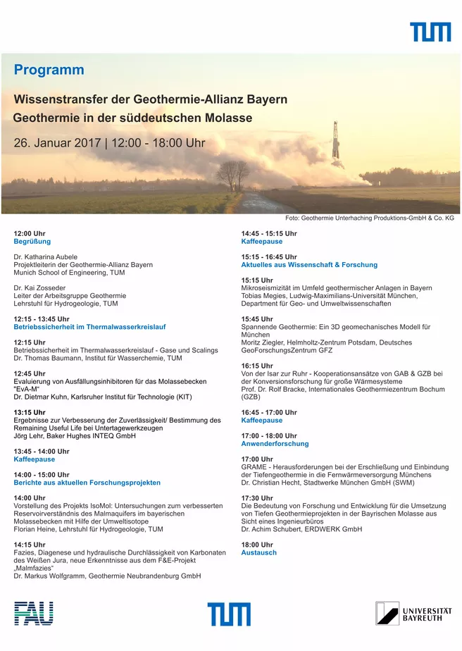 Programm Wissenstransfer Geothermie in der süddeutschen Molasse am 26.01.2017, Seite 1